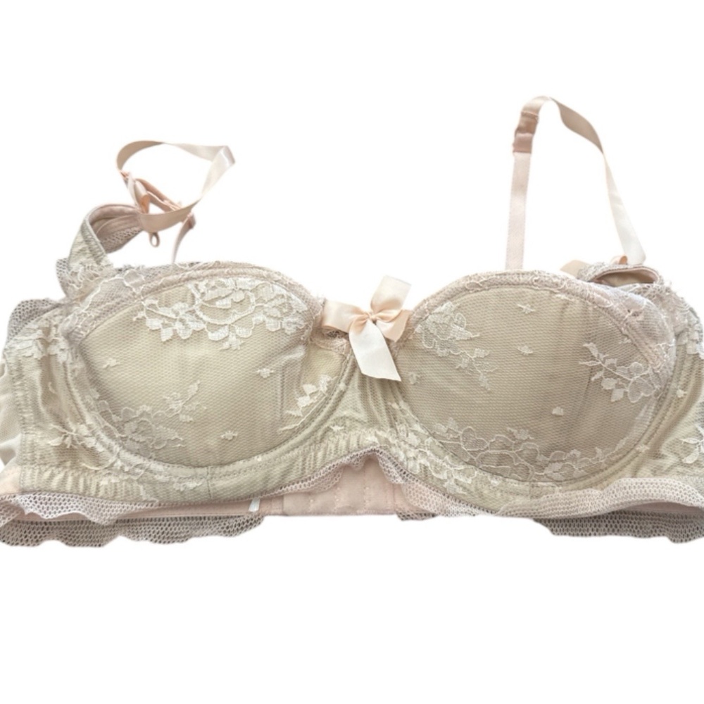 MIMI HOLLIDAY Pink Lace Bow Shoulder Bra 36D NWOT